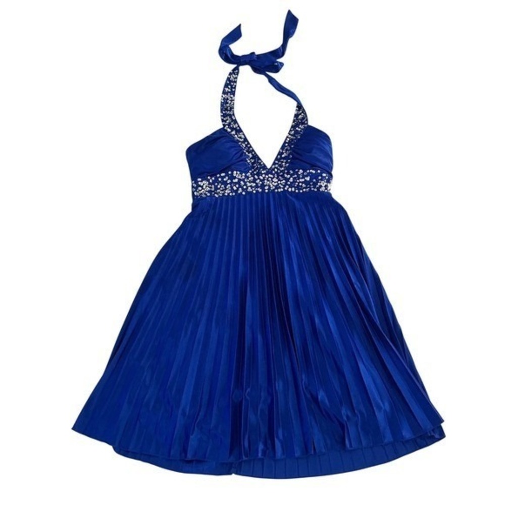 Morgan & Co Royal Blue Beaded Halter Pleated Dress Women's S